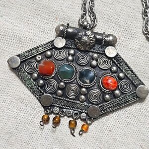 Vintage Antique Bohemian Oxidized Silver Gemstone Amulet Necklace